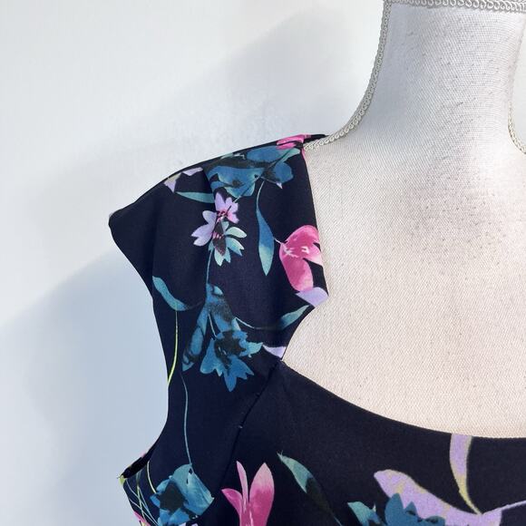 Connect Apparel Dress size 14 Navy Blue Pink Floral Stretch Knee Wedding Church - Picture 4 of 10